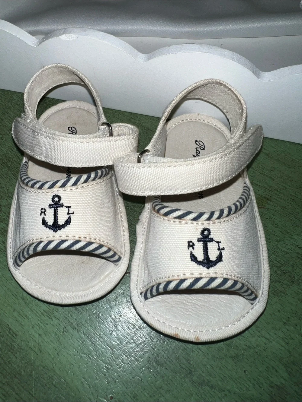 Ralph Lauren White/Cream Nautical Blue Anchor Infant/toddler Sandals size2 (3-6m